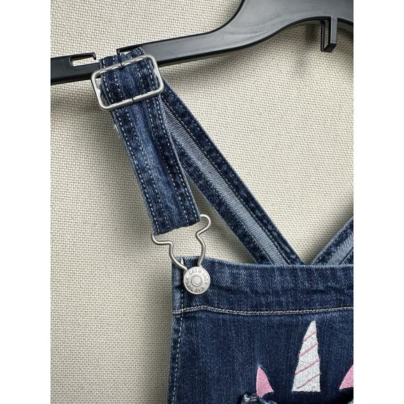 Cat & Jack Girls Distressed Blue Stretch Denim Bib Overalls Large 10-12 Unicorn - Picture 8 of 16